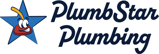 Plumb Star Plumbing full logo with cartoon plunger in blue star