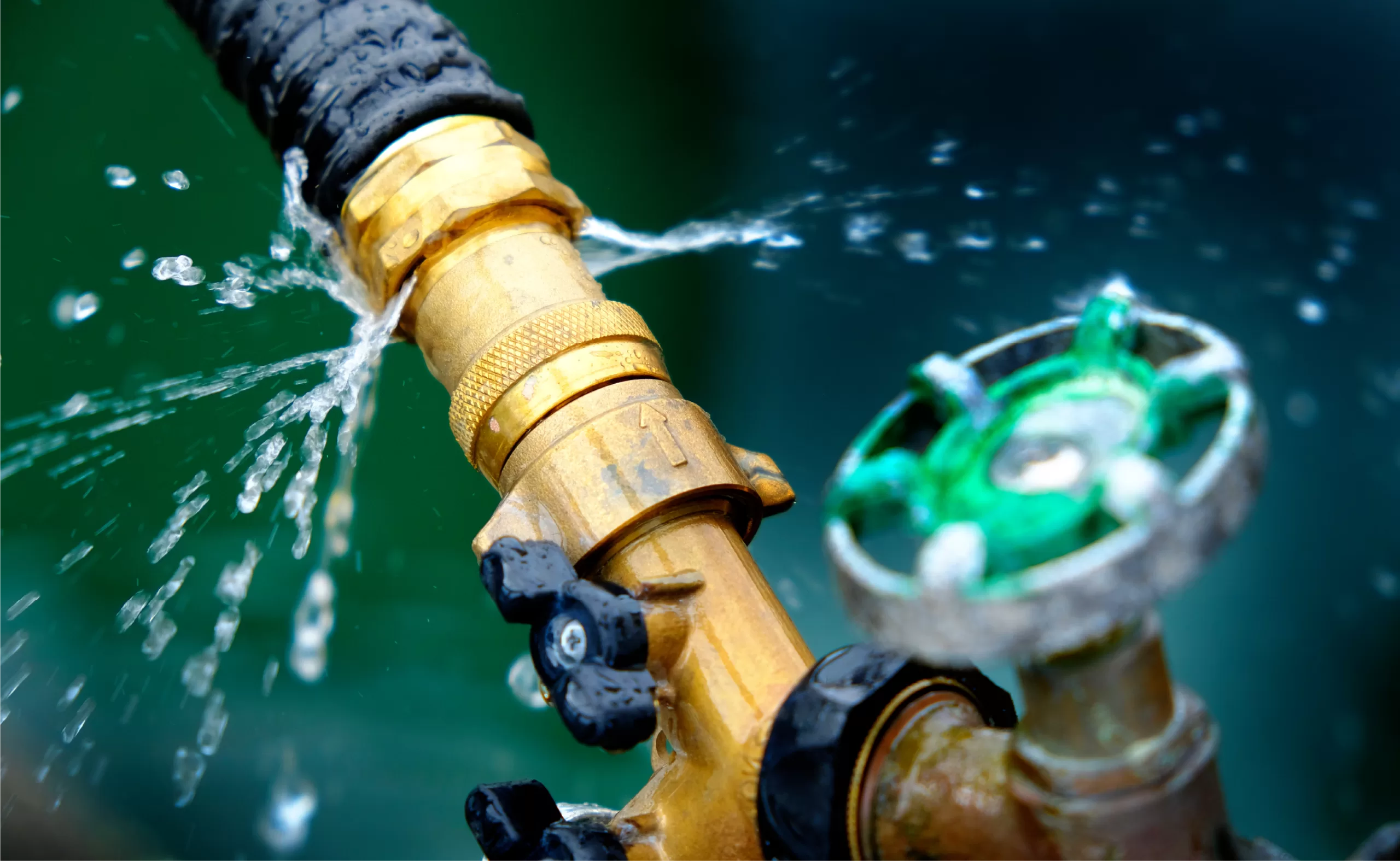 Green outdoor hose spigot with gold fixtures leak.