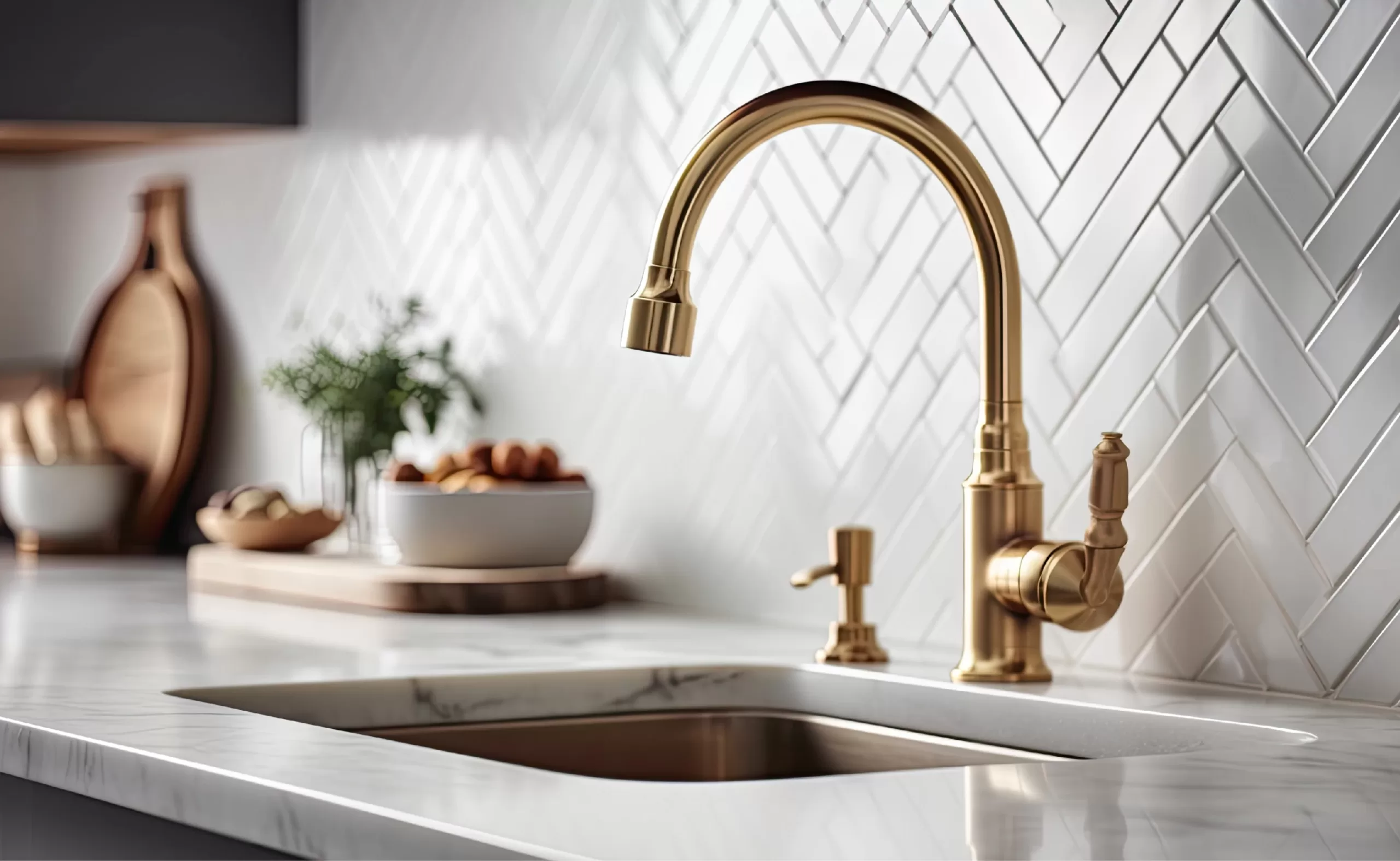 Gold luxury kitchen sink plumbing maintained in home.
