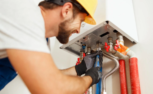 A young, professional plumber repairs a water heater.