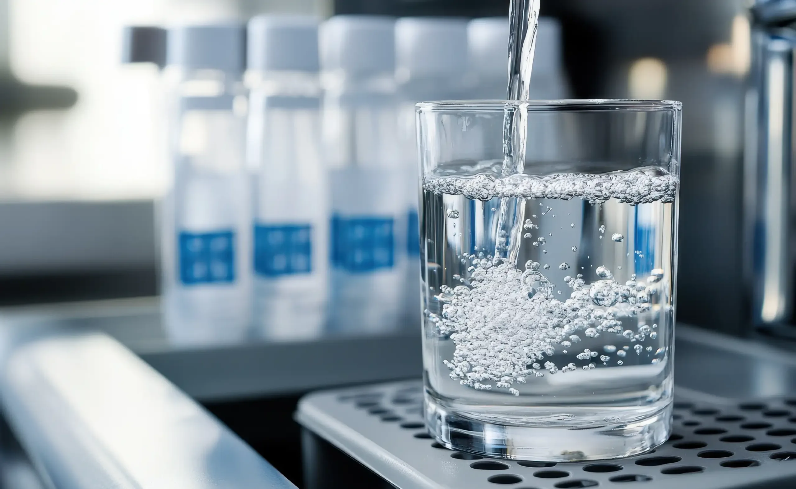 Clear water being poured into a glass.