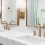 A modern bathroom, remodeled with a marble countertop and brass fixtures.